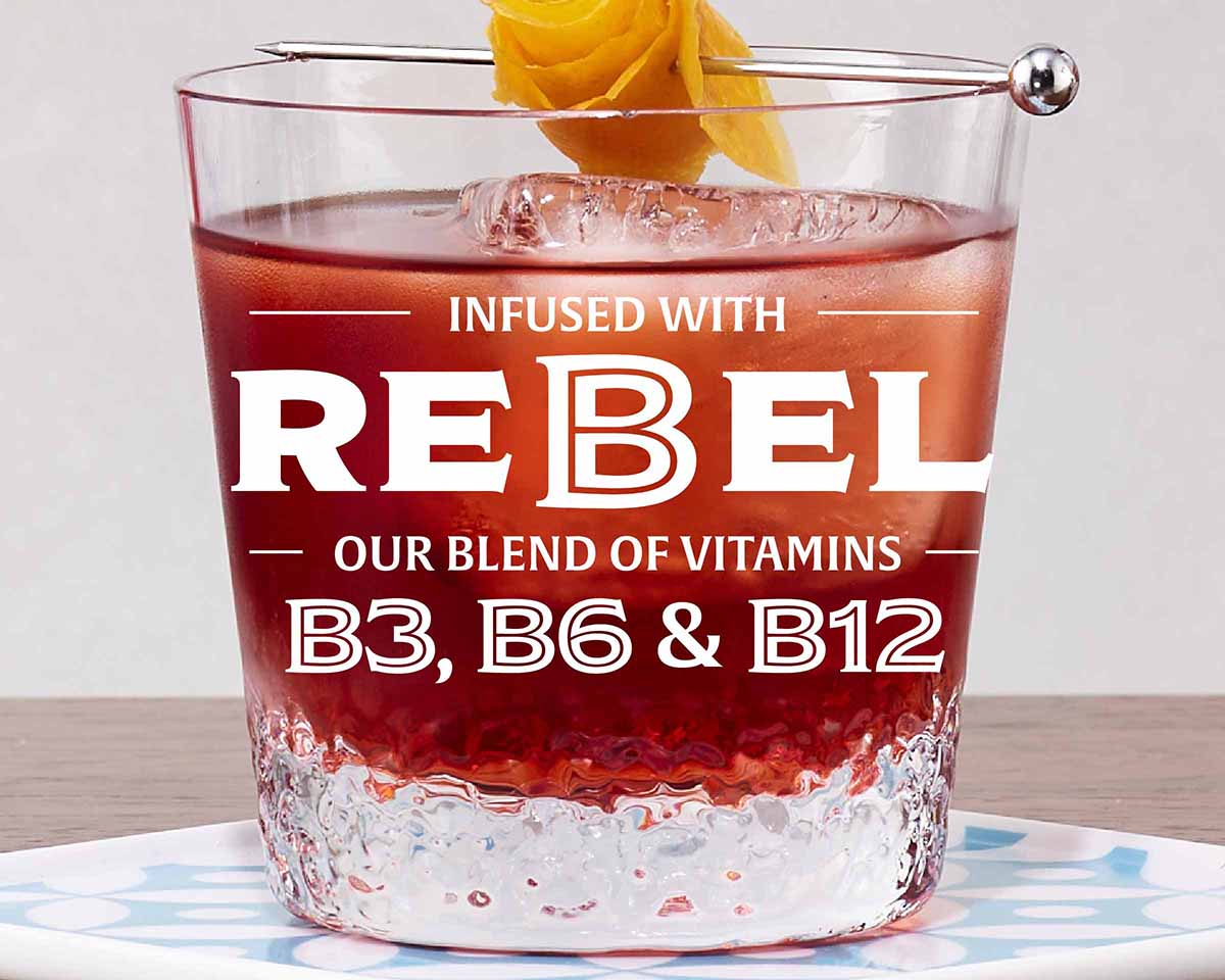 Rosita cocktail on a white background, featuring text about vitamins B3, B6, and B12.