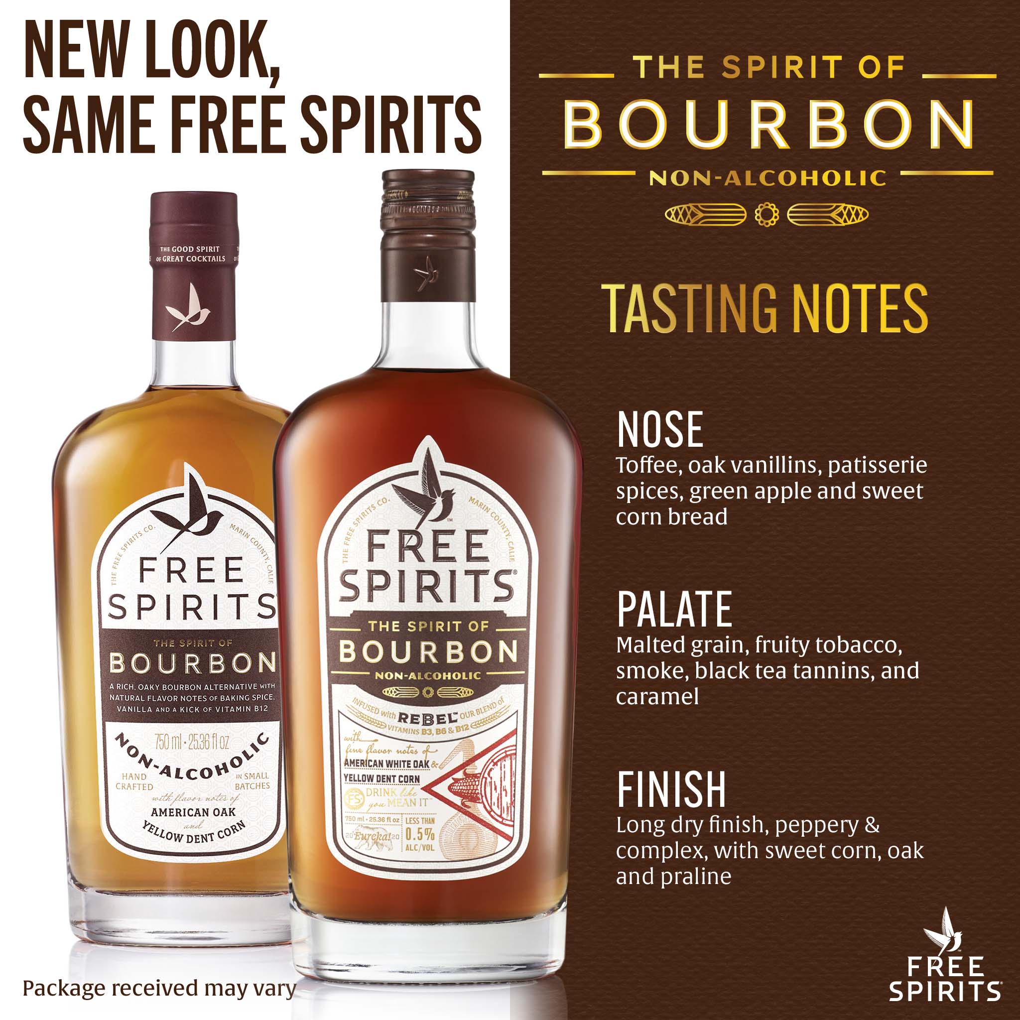 Two bottles of Free Spirits Bourbon with tasting notes on a brown background