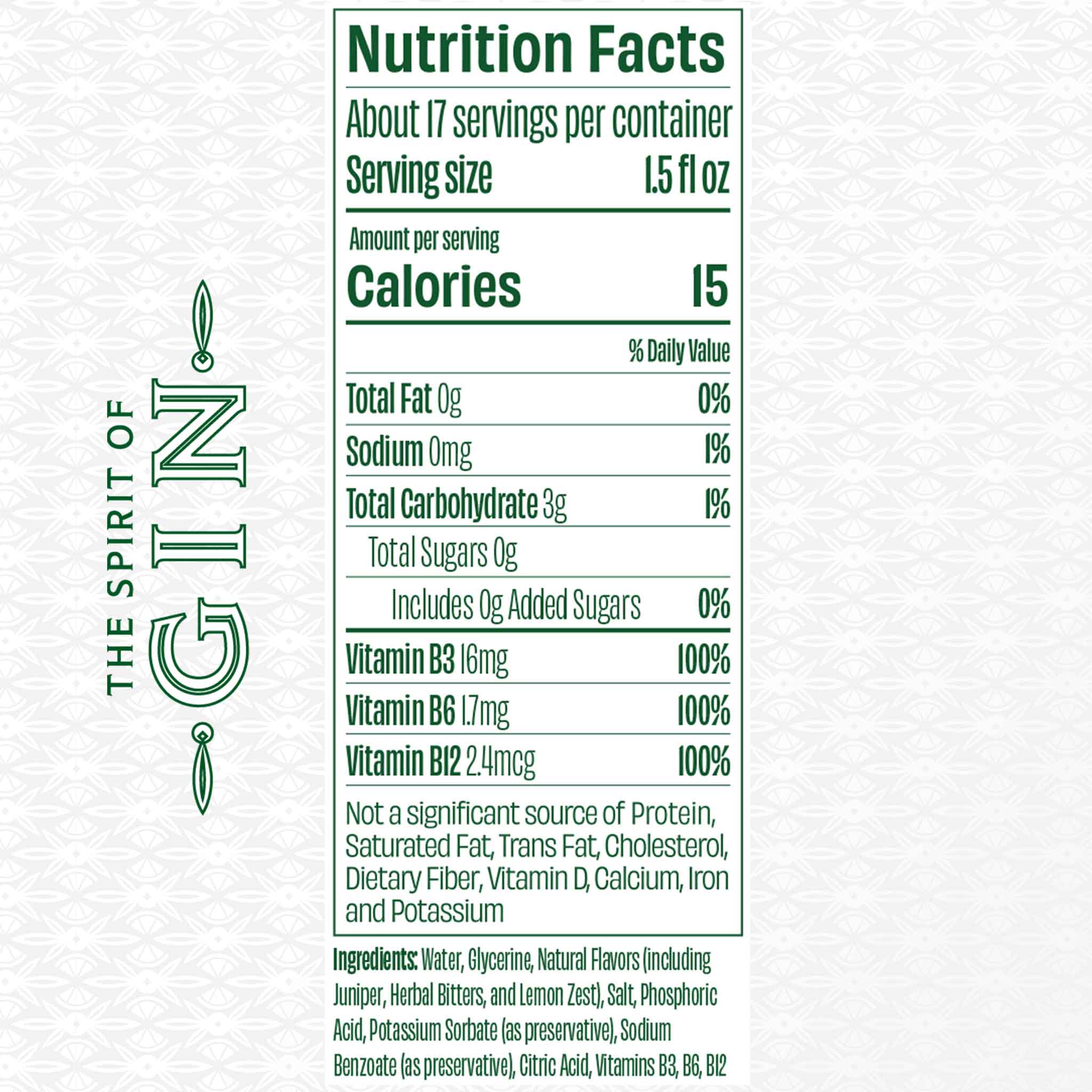 The Spirit of Gin Nutrition Label
