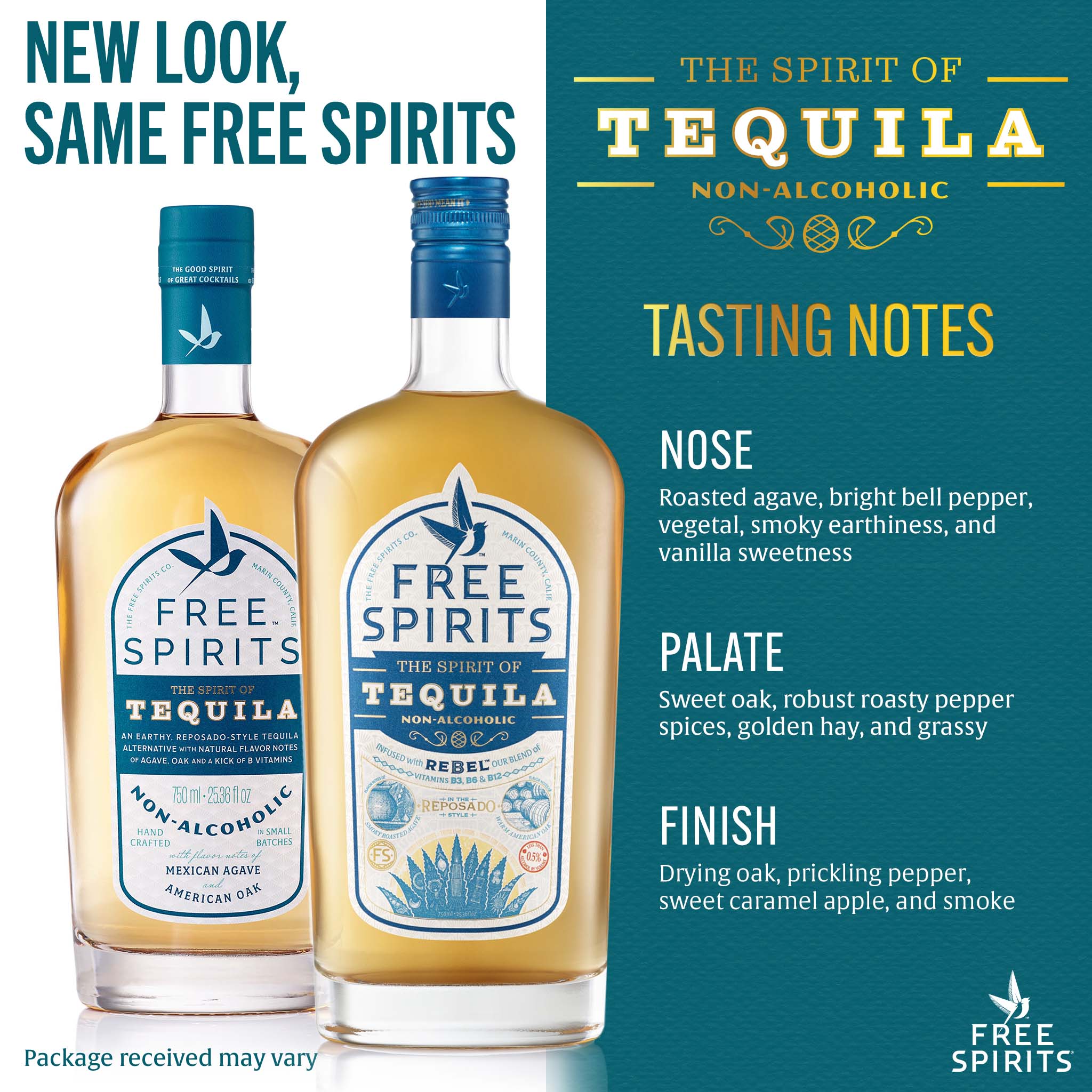 Two bottles of Free Spirits Tequila with tasting notes on a blue background