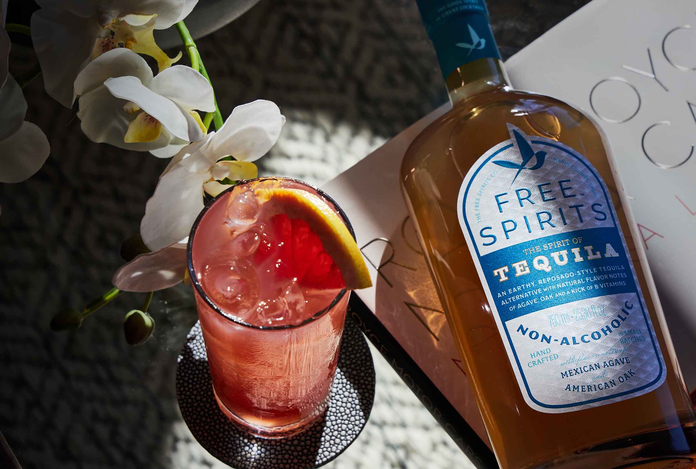 Free Spirits Non-Alcoholic Tequila Alternative with a non-alcoholic paloma cocktail