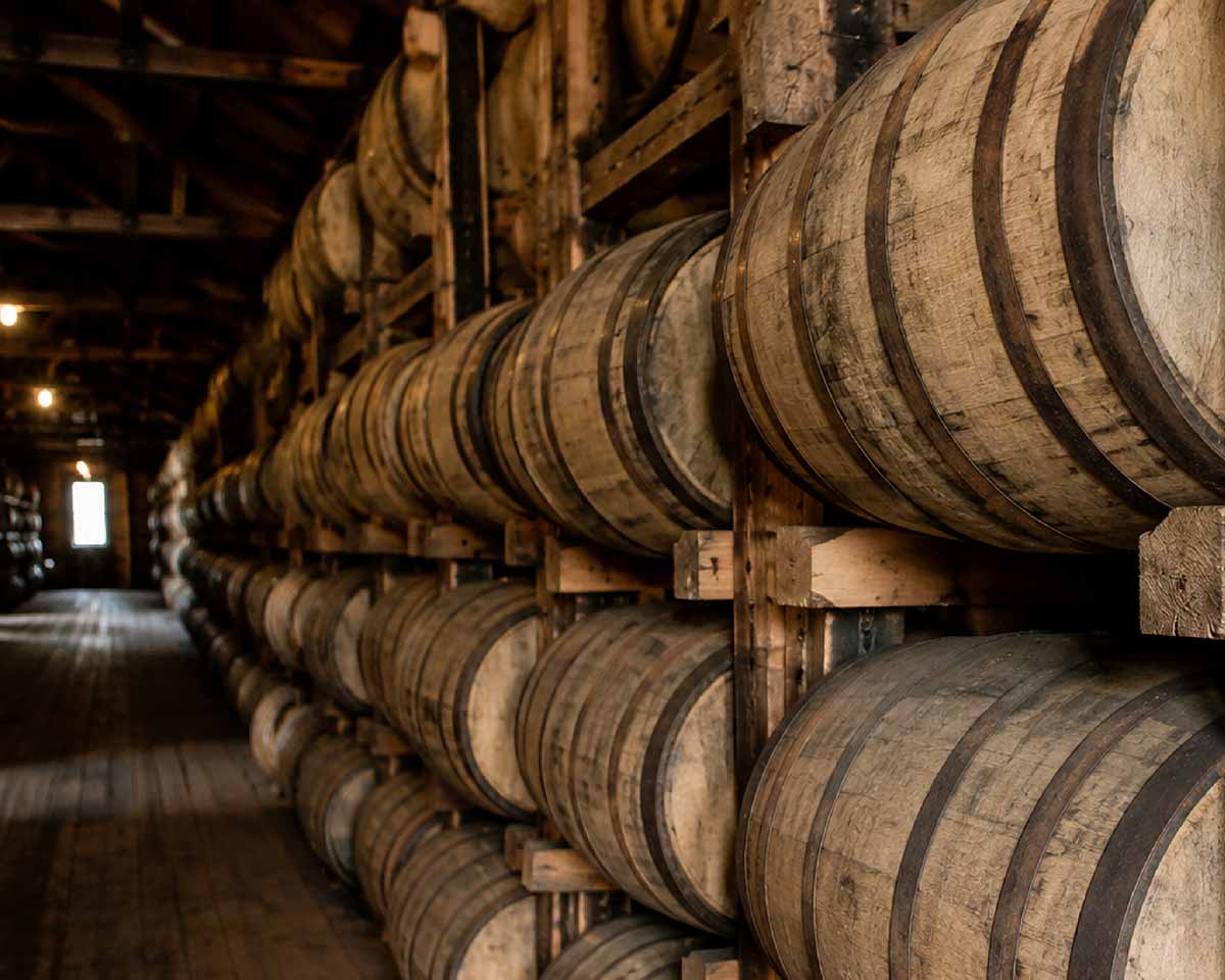 Row of wooden barrels in a warehouse setting