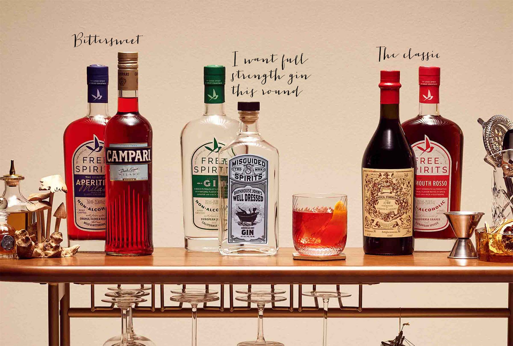 A bartop with full-proof bottles in front of Free Spirits