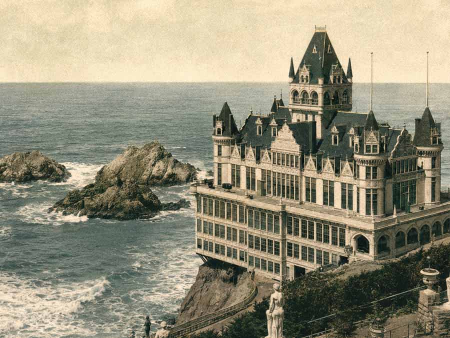 Victorian-style seaside hotel with ocean view