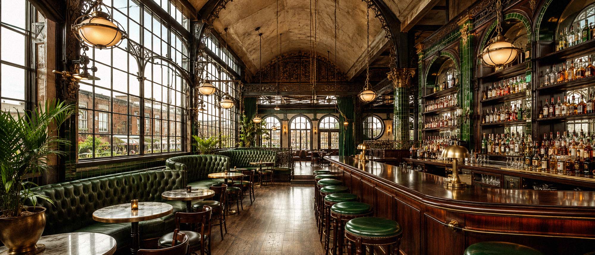 Luxurious bar with green velvet chairs, large windows, and a high ceiling.
