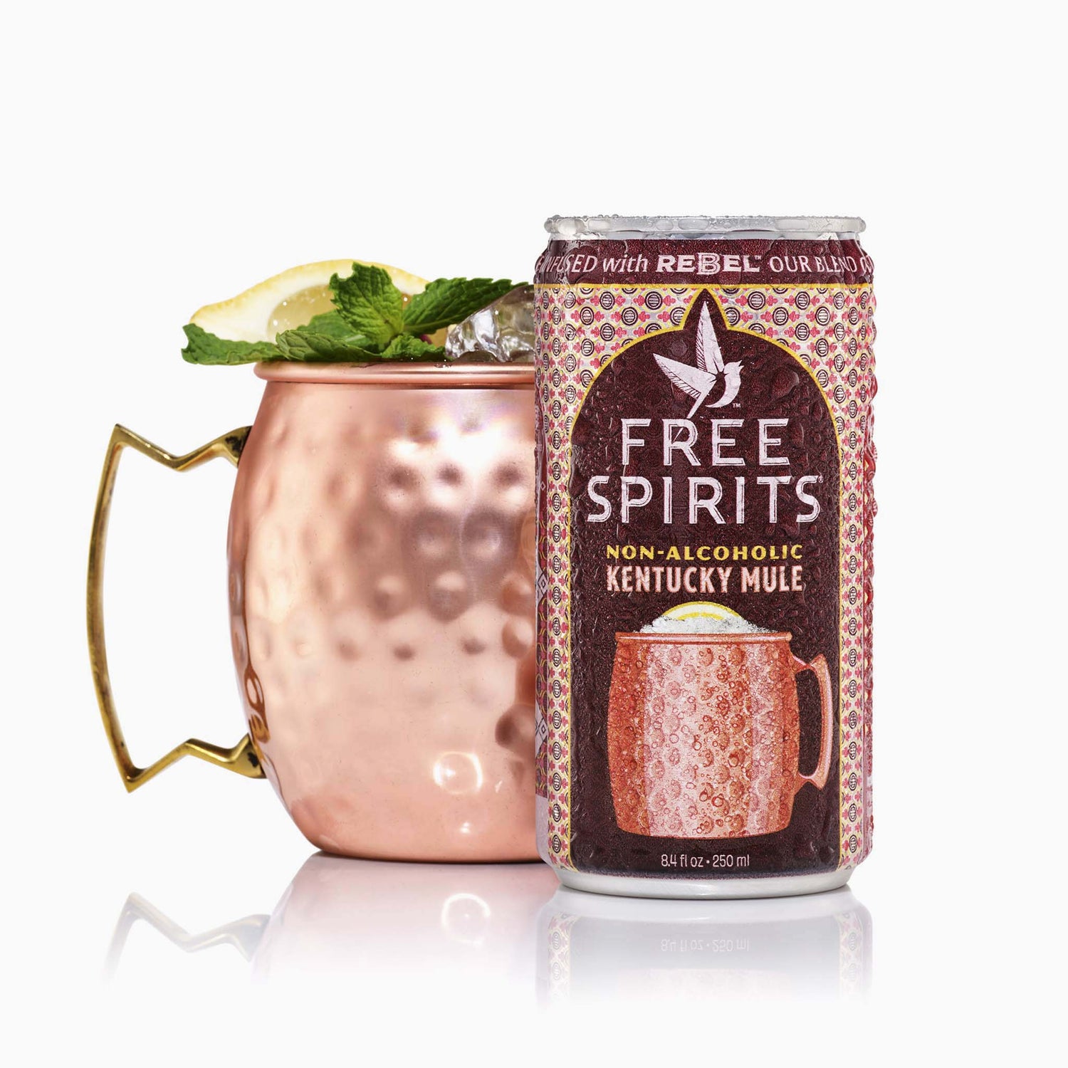 Free Spirits non-alcoholic Kentucky Mule can  next to the mule in a copper mug