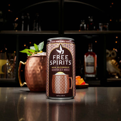 Free Spirits Non-Alcoholic Kentucky Mule and cocktail on a bar top