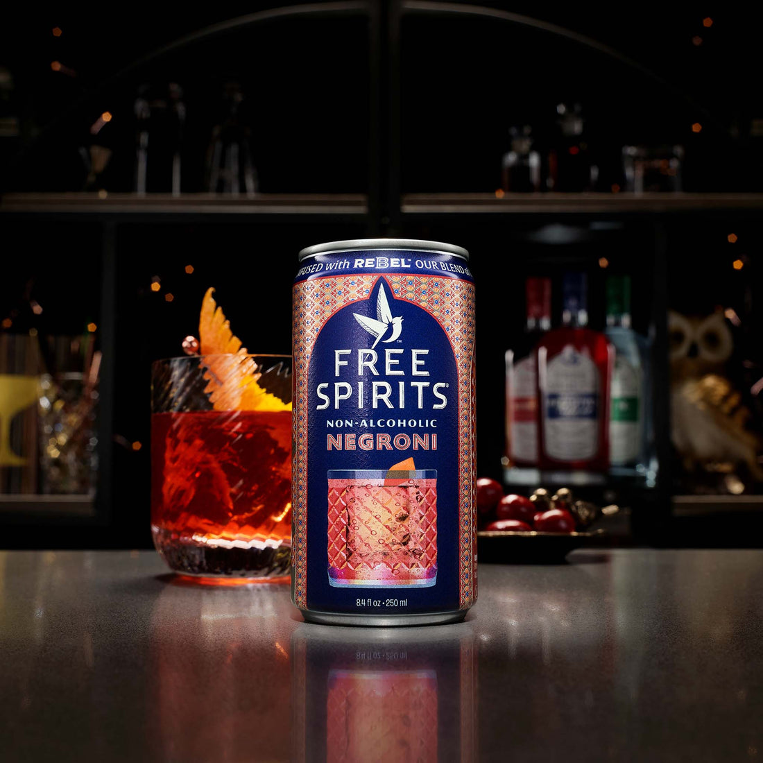Free Spirits Non-Alcoholic Negroni and cocktail on a bar top