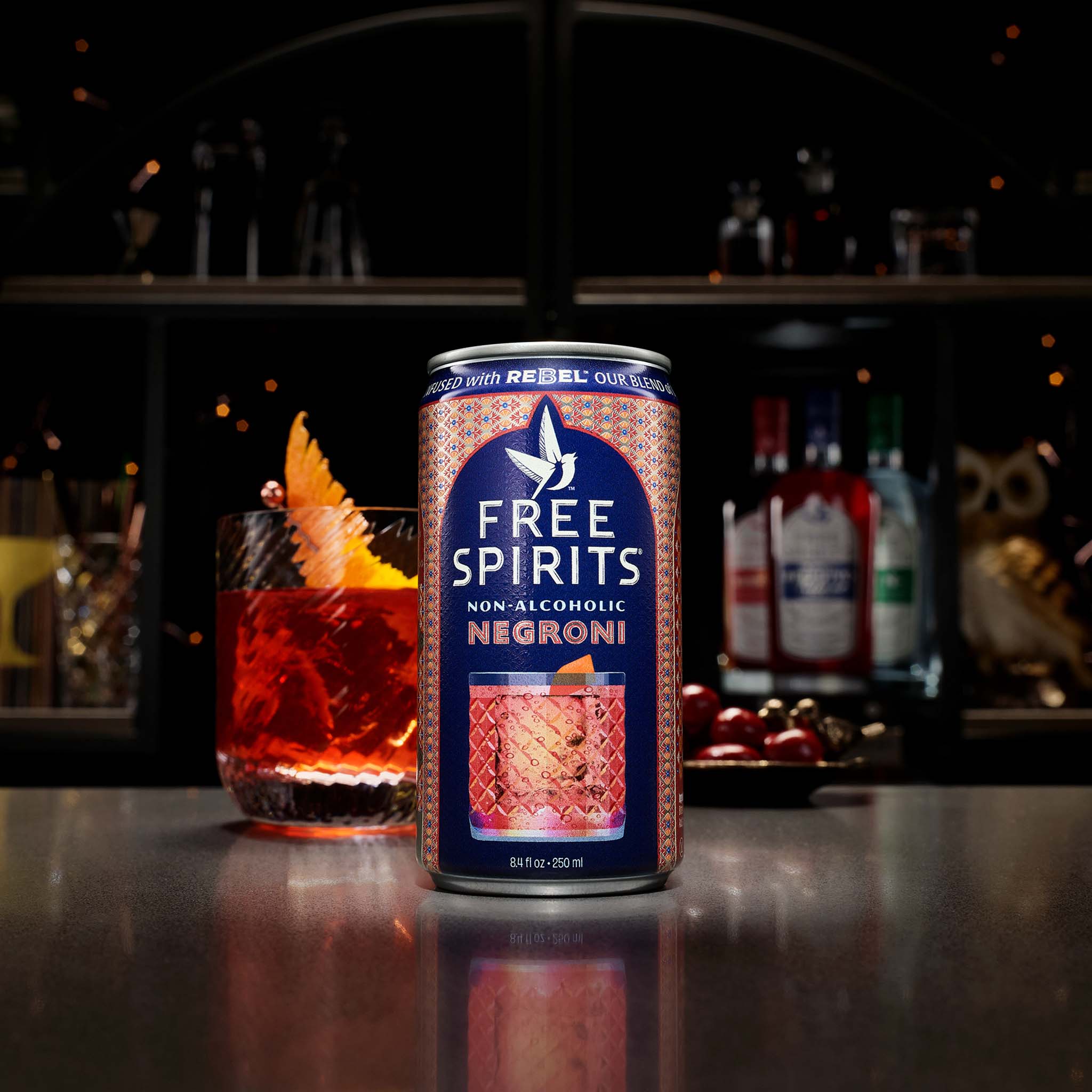 Free Spirits Non-Alcoholic Negroni and cocktail on a bar top