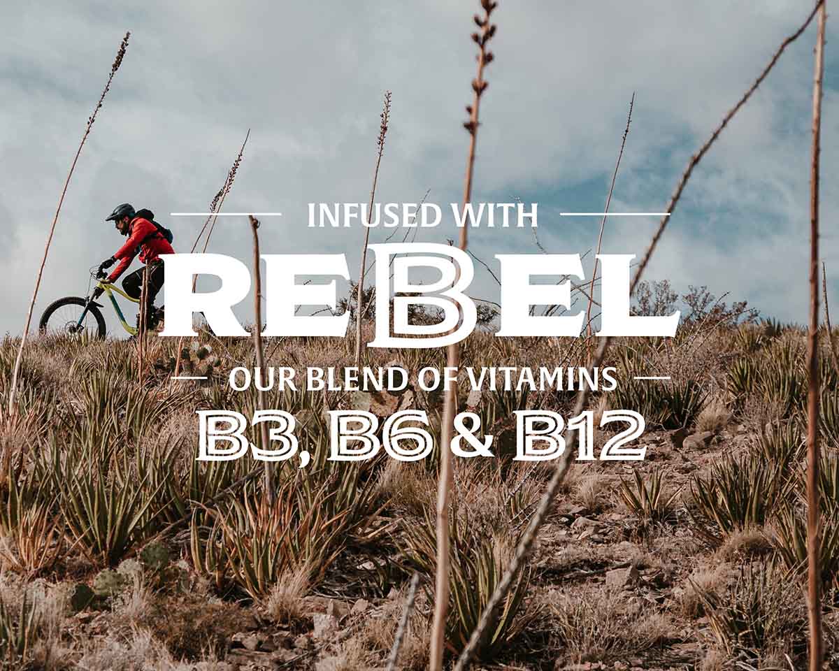 Person riding a bike on a trail with text about vitamins B3, B6, and B12.