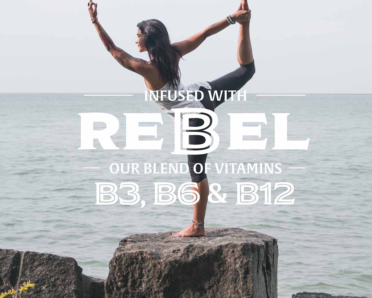 Person practicing yoga on a rock by the water with text about vitamins B3, B6, and B12.