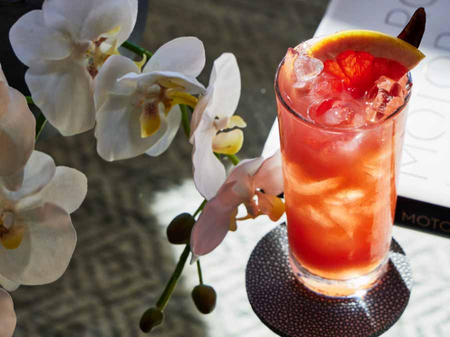Cocktail with a lemon wedge and ice cubes, surrounded by white flowers on a textured surface.