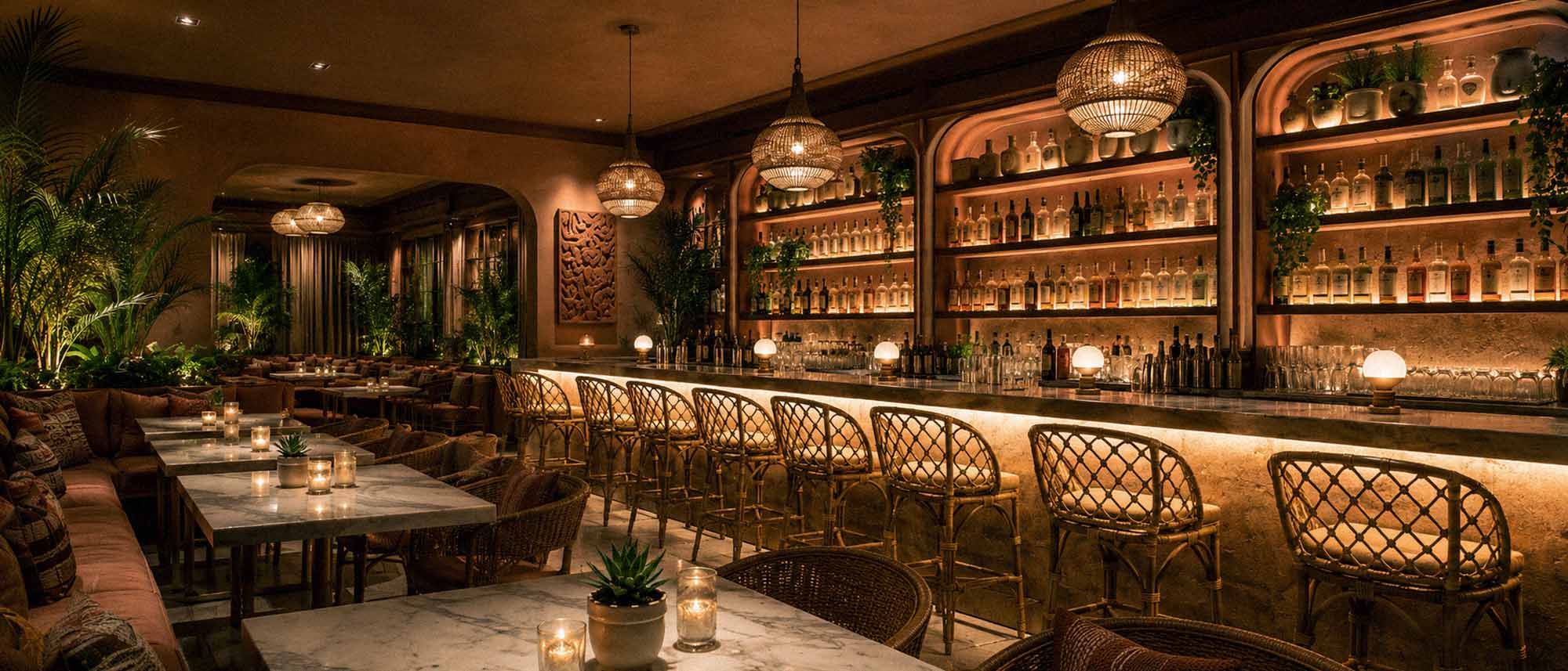 Luxurious restaurant interior with wooden furniture, dim lighting, and decorative elements.