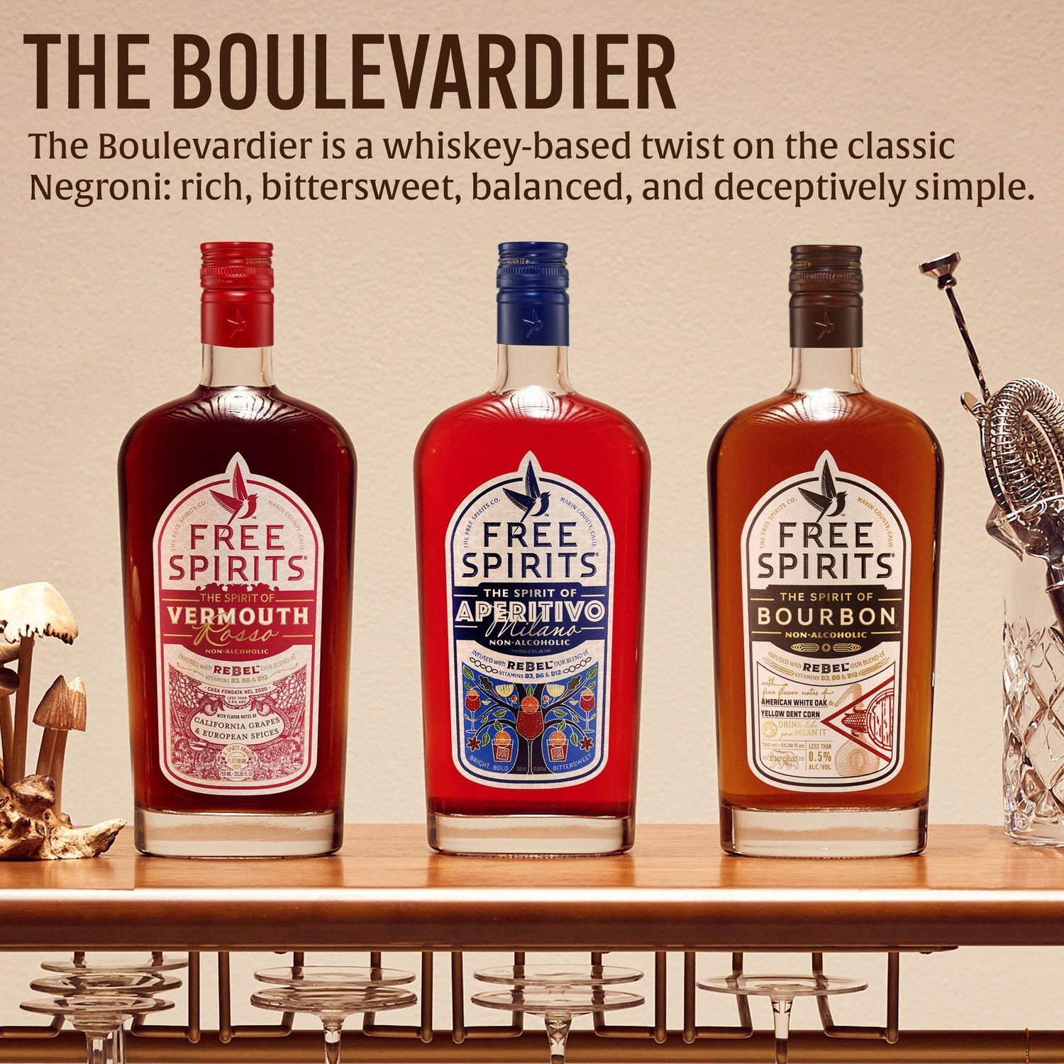 Three bottles of Free Spirits liquor on a bar with text describing The Boulevardier cocktail.