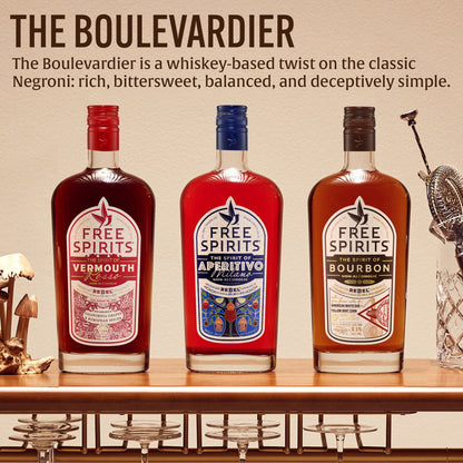 Three bottles of Free Spirits liquor on a bar with text describing The Boulevardier cocktail.