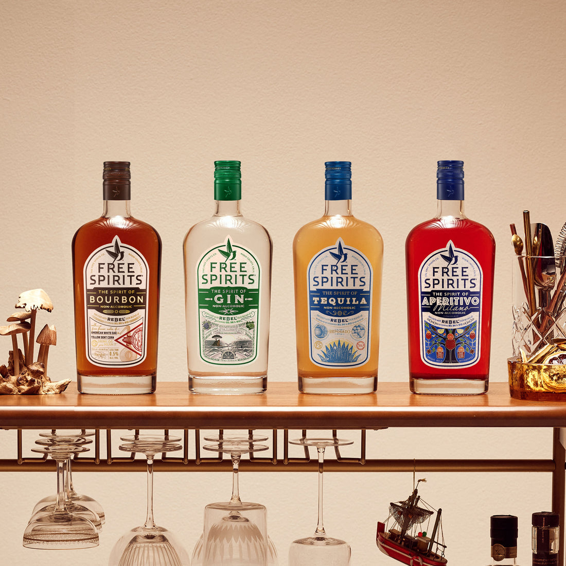The Free Spirits Foursome Bundle on a bar cart