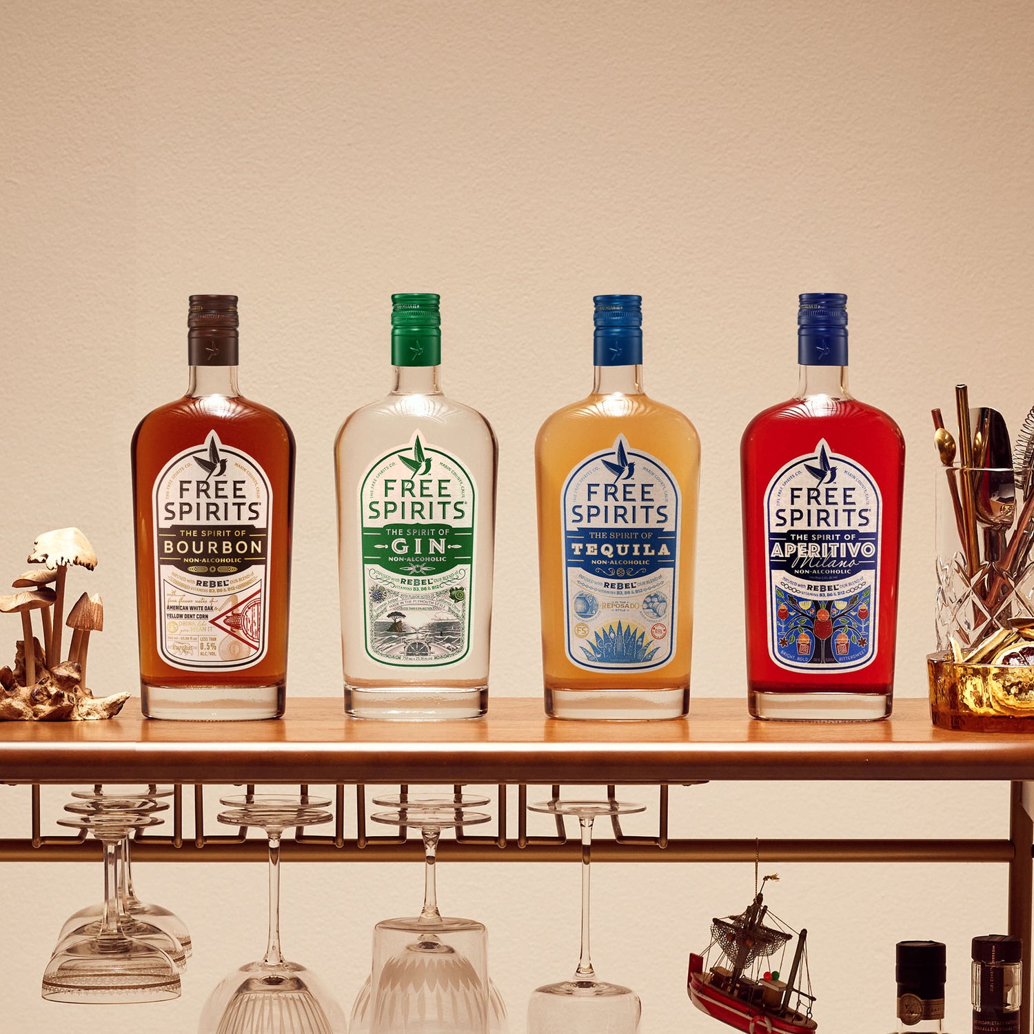 The Free Spirits Foursome Bundle on a bar cart