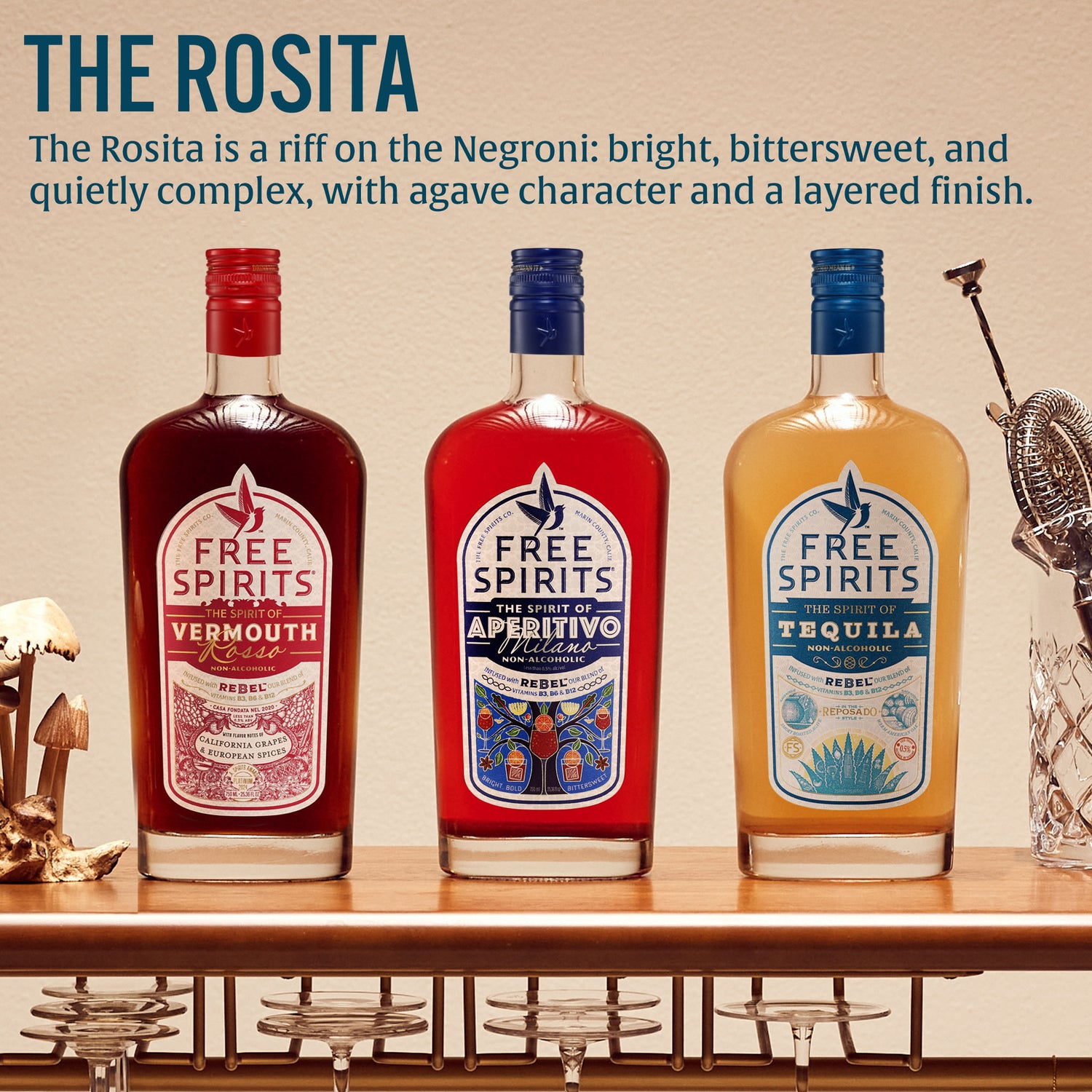 Three bottles of Free Spirits alcohol on a bar with text about The Rosita cocktail.