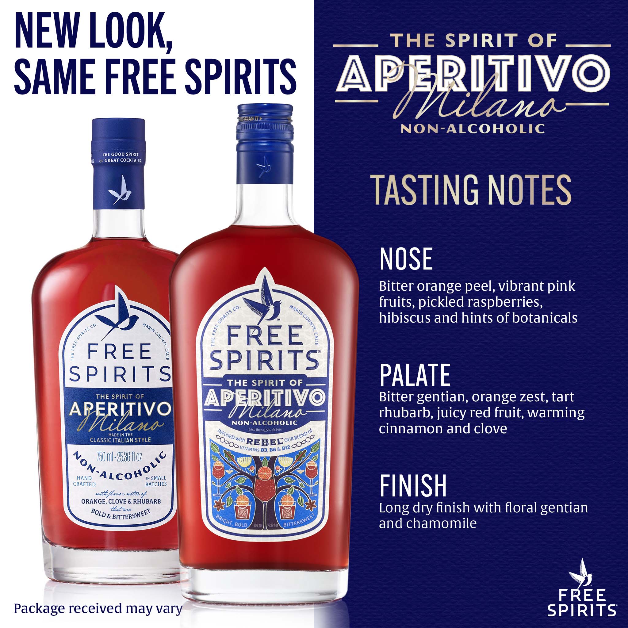 Two bottles of Free Spirits Aperitivo Milano non-alcoholic beverage with tasting notes on a blue background.