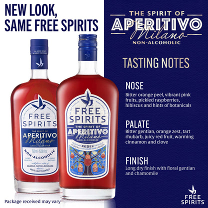 Two bottles of Free Spirits Aperitivo Milano non-alcoholic beverage with tasting notes on a blue background.