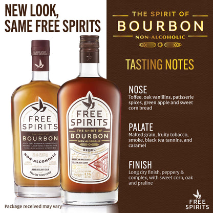 Two bottles of Free Spirits Bourbon with tasting notes on a brown background