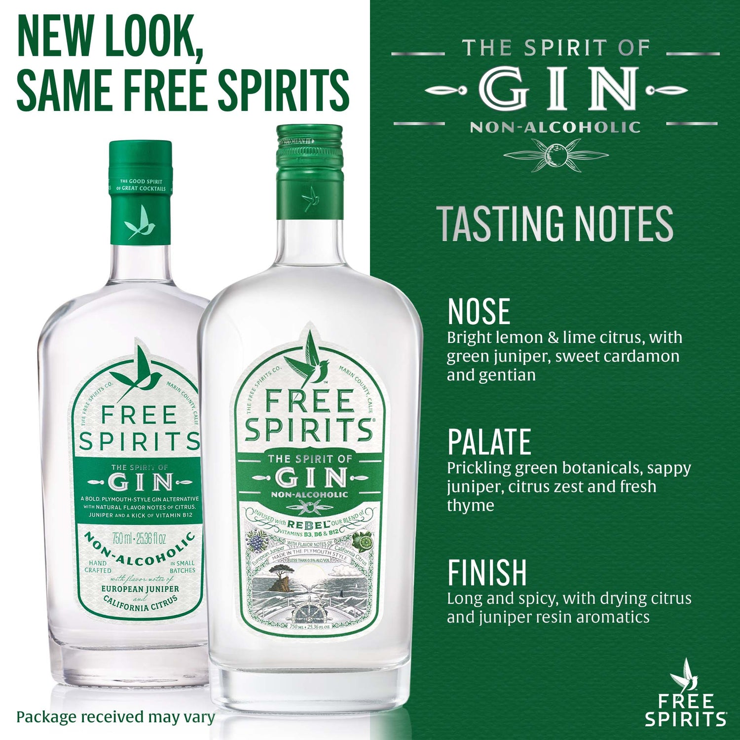 Two bottles of Free Spirits gin with tasting notes on a green background
