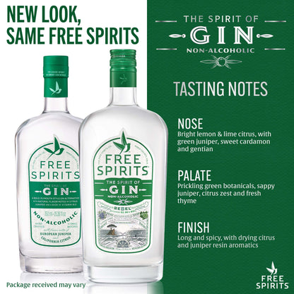 Two bottles of Free Spirits gin with tasting notes on a green background