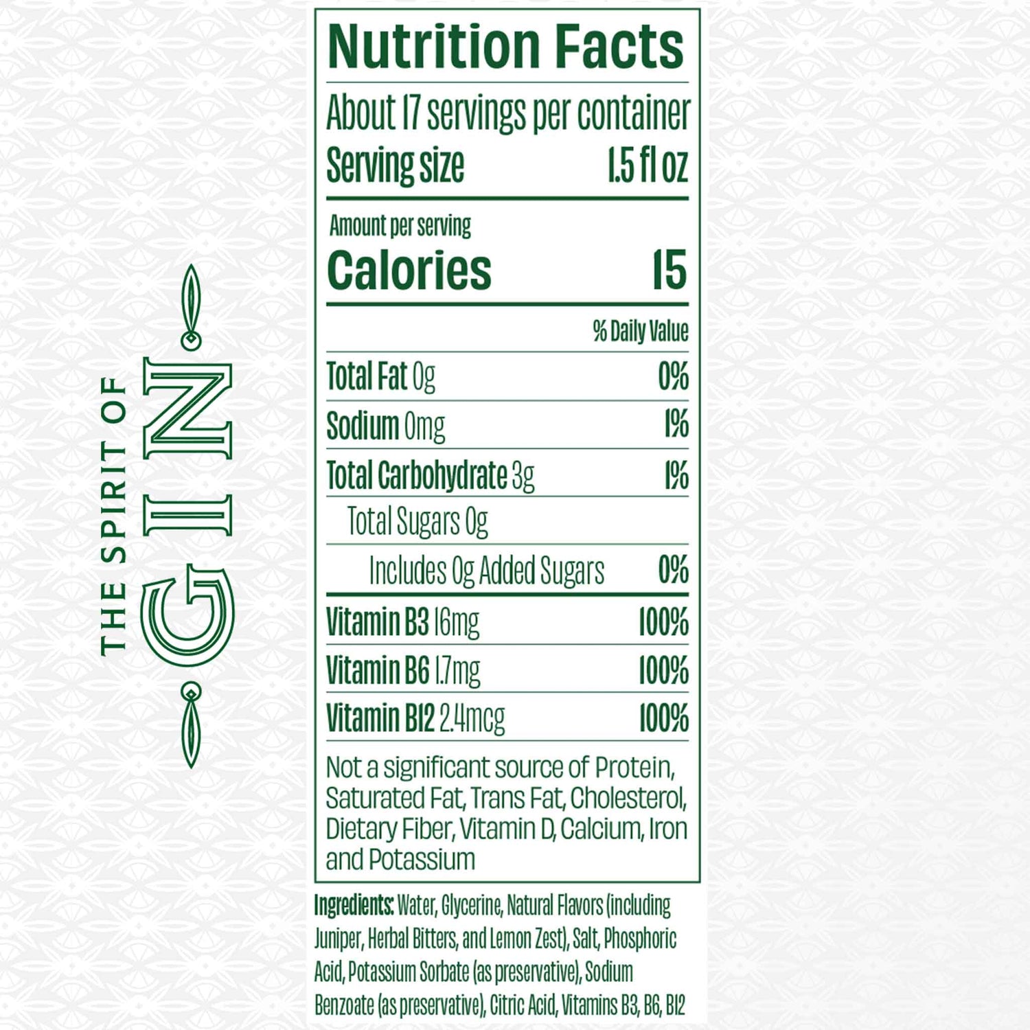 The Spirit of Gin Nutrition Label