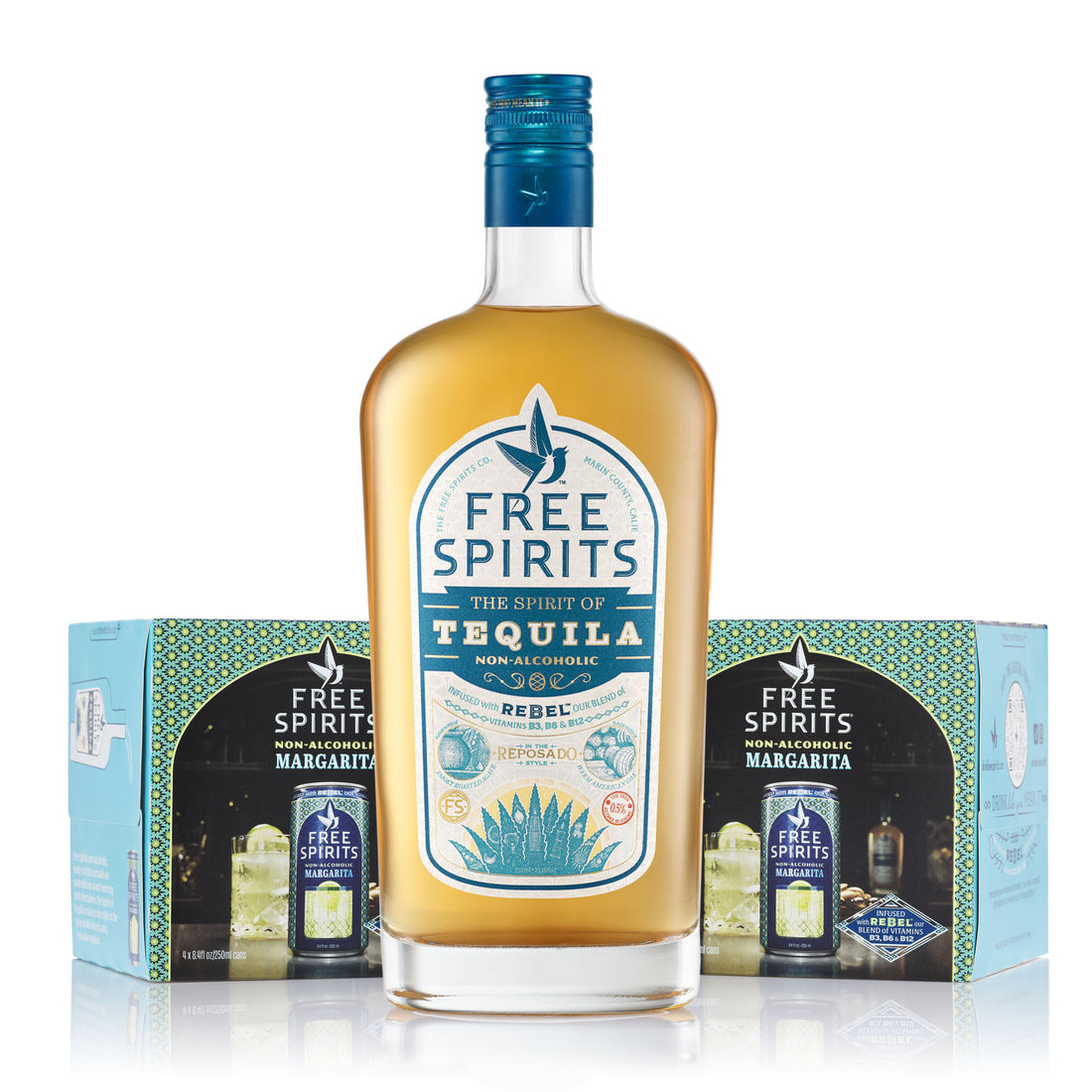 A bottle of Free Spirits Tequila Non-Alcoholic Tequila Alternative shown in front of two matching Margarita boxes