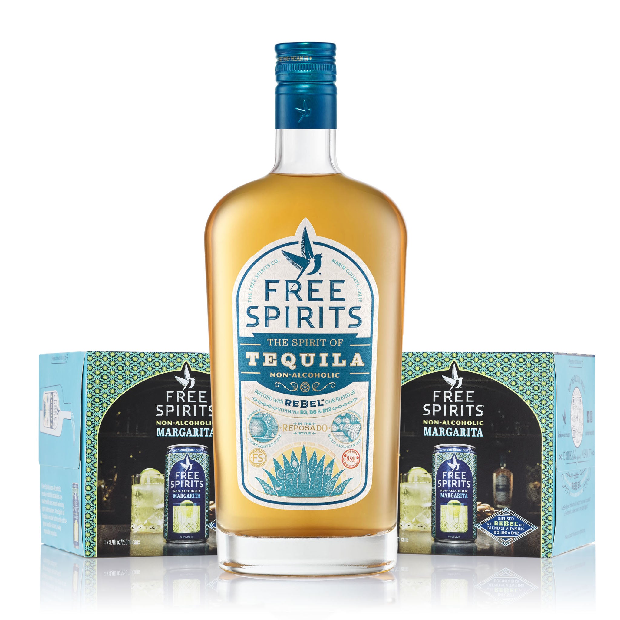 A bottle of Free Spirits Tequila Non-Alcoholic Tequila Alternative shown in front of two matching Margarita boxes