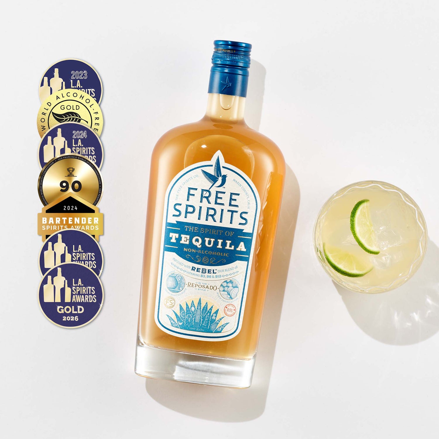 Free Spirits tequila bottle with a cocktail and award badges on a white background
