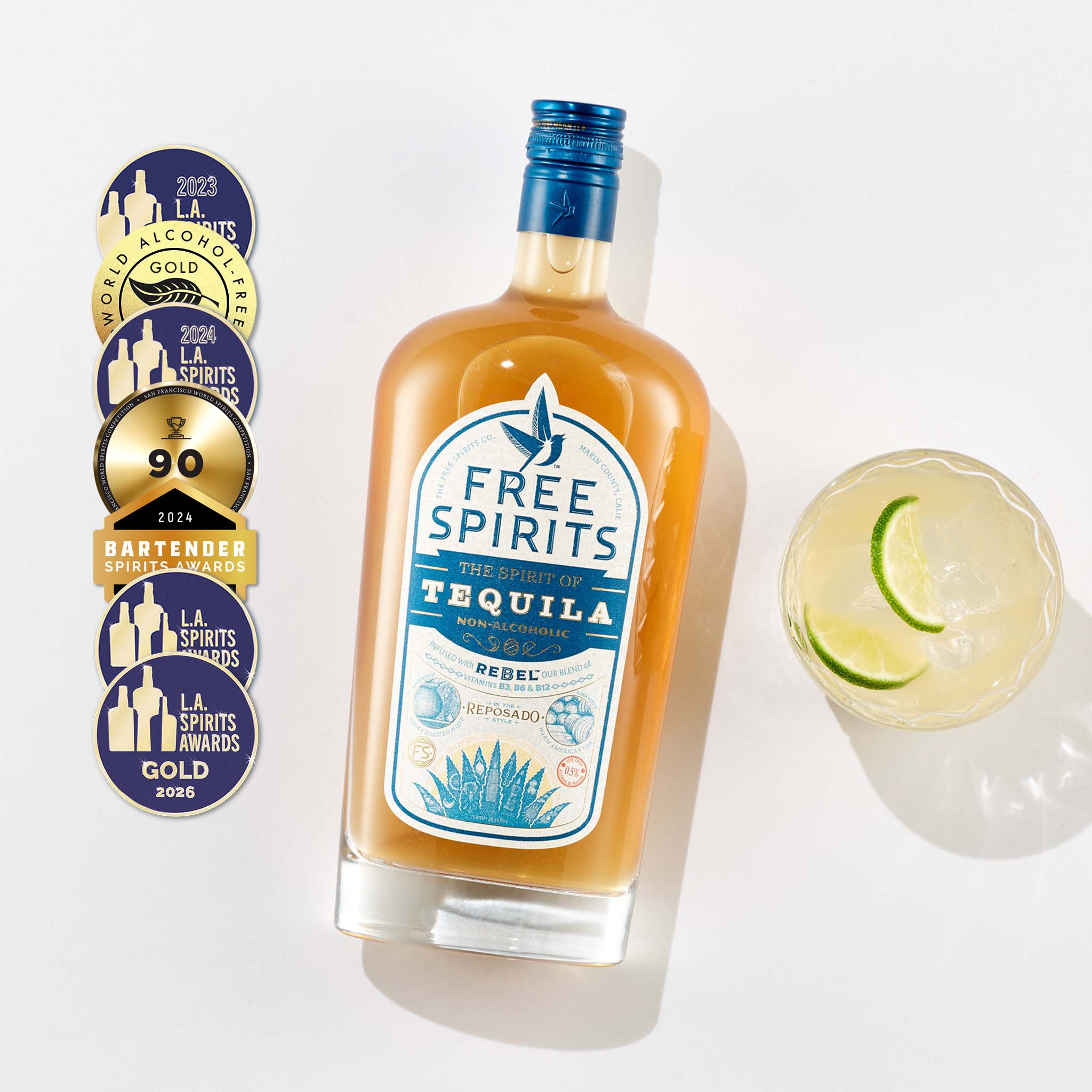 Free Spirits tequila bottle with a cocktail and award badges on a white background