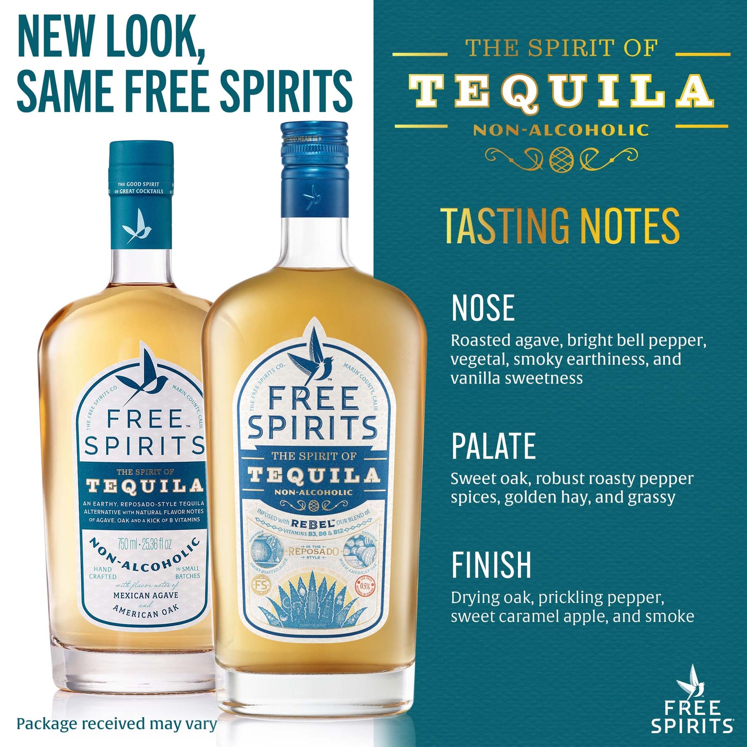 Two bottles of Free Spirits Tequila with tasting notes on a blue background