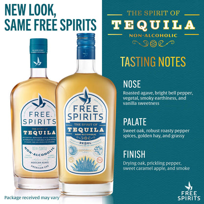 Two bottles of Free Spirits Tequila with tasting notes on a blue background
