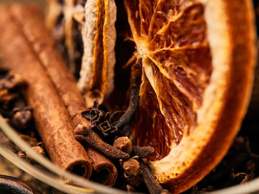 Close-up of cinnamon sticks, cloves, and dried orange slices.